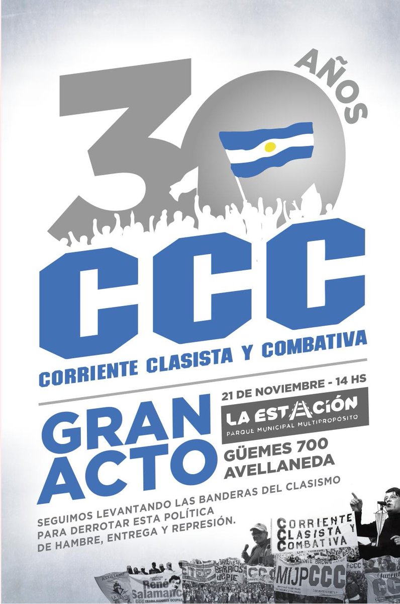 ✨ ¡Hoy es el gran día! ✨
Te esperamos en el Gran Acto por los 30 años de la CCC.

📍 La Estación, Güemes 700, Avellaneda
🕑 14:00

Sigamos levantando las banderas del clasismo. ¡Sumate! 🙌

📲 Seguinos para más: #CCC30Años #UnidadYLucha