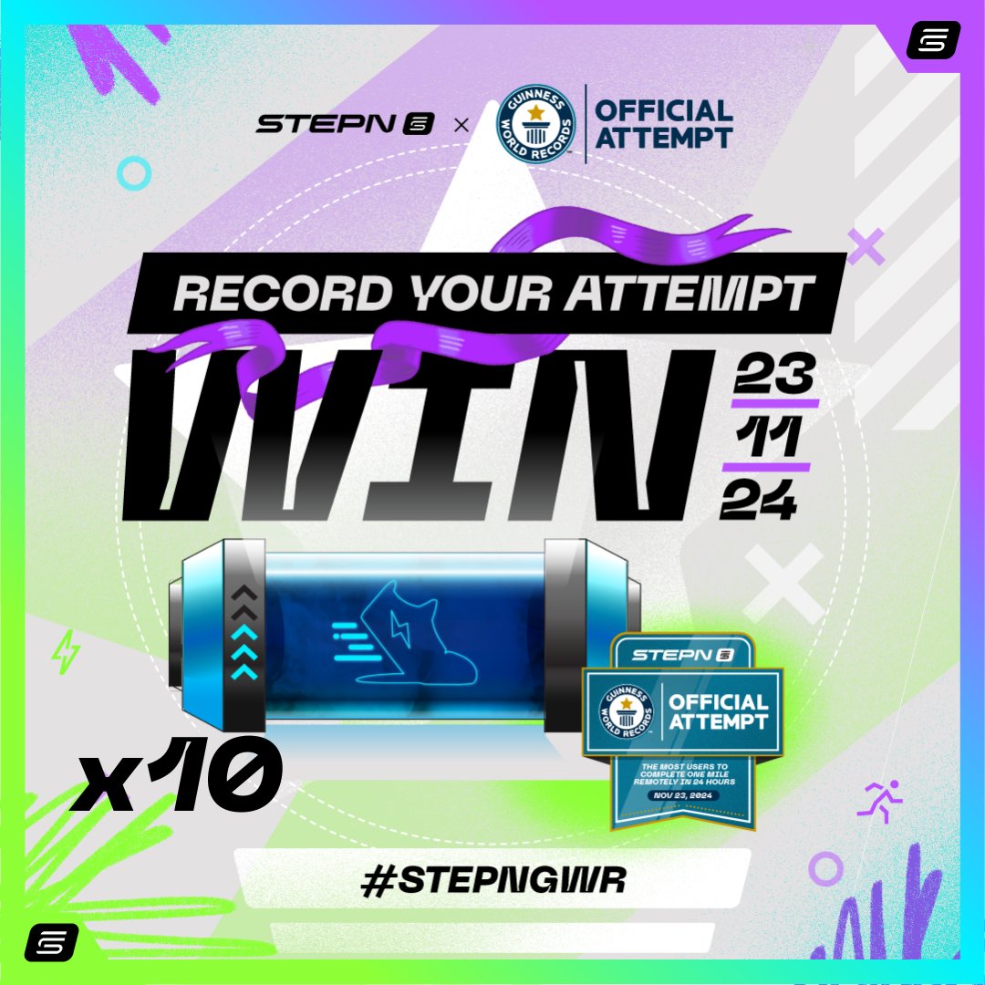 In 2 days, we'll be attempting the GUINNESS WORLD RECORDS™ title for most users to complete a remote one mile distance in 24 hours! 

To celebrate, we’re raffling 10 rare STEPN Shoeboxes among those who help us achieve this milestone! 

Here’s how to enter: 
🏃‍♂️ Complete at least