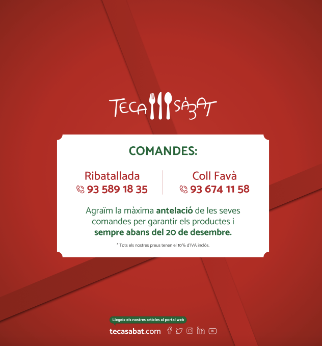 TecaSabat's tweet image. Arriba el #Nadal a les botigues de la @TecaSabat🎄

Ja tenim enllestida la #cartadeNadal amb els #aperitius i els #plats d'aquest 2024 😋

👉 Consulta la carta de Nadal a la nostra pàgina web: tecasabat.com/pdf/Nadal-Plat…