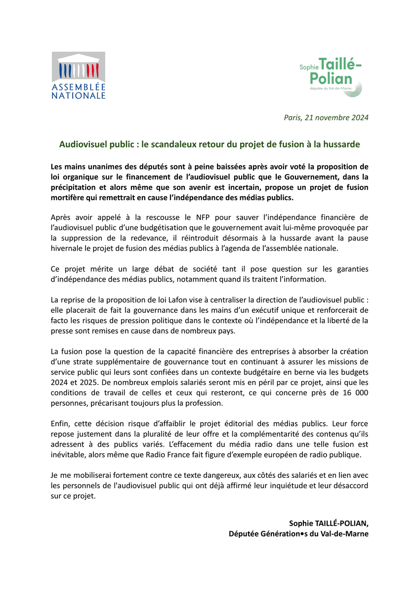 🔴 SCANDALE ! L'indépendance des entreprises de l'audiovisuel public est en danger. 

Hier, nous votions des garanties d'indépendance quant à son financement. Aujourd'hui le gouvernement remet le couvert sur son projet de fusion, pour un vote avant Noël !🤯

C'est irrespectueux