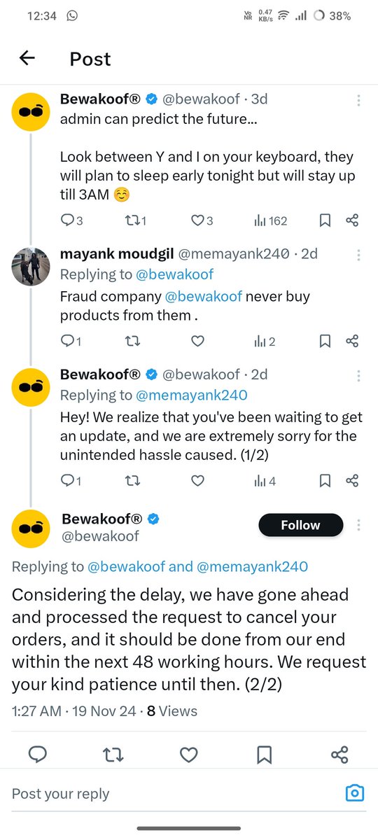 memayank240's tweet photo. @bewakoof See the things below ,  these @bewakoof people /app do . 
It's just another app making black money from people's hard earned money . It has been more than two weeks and no cancellation is done or no refund is provided . https://t.co/XlcECoKZcr