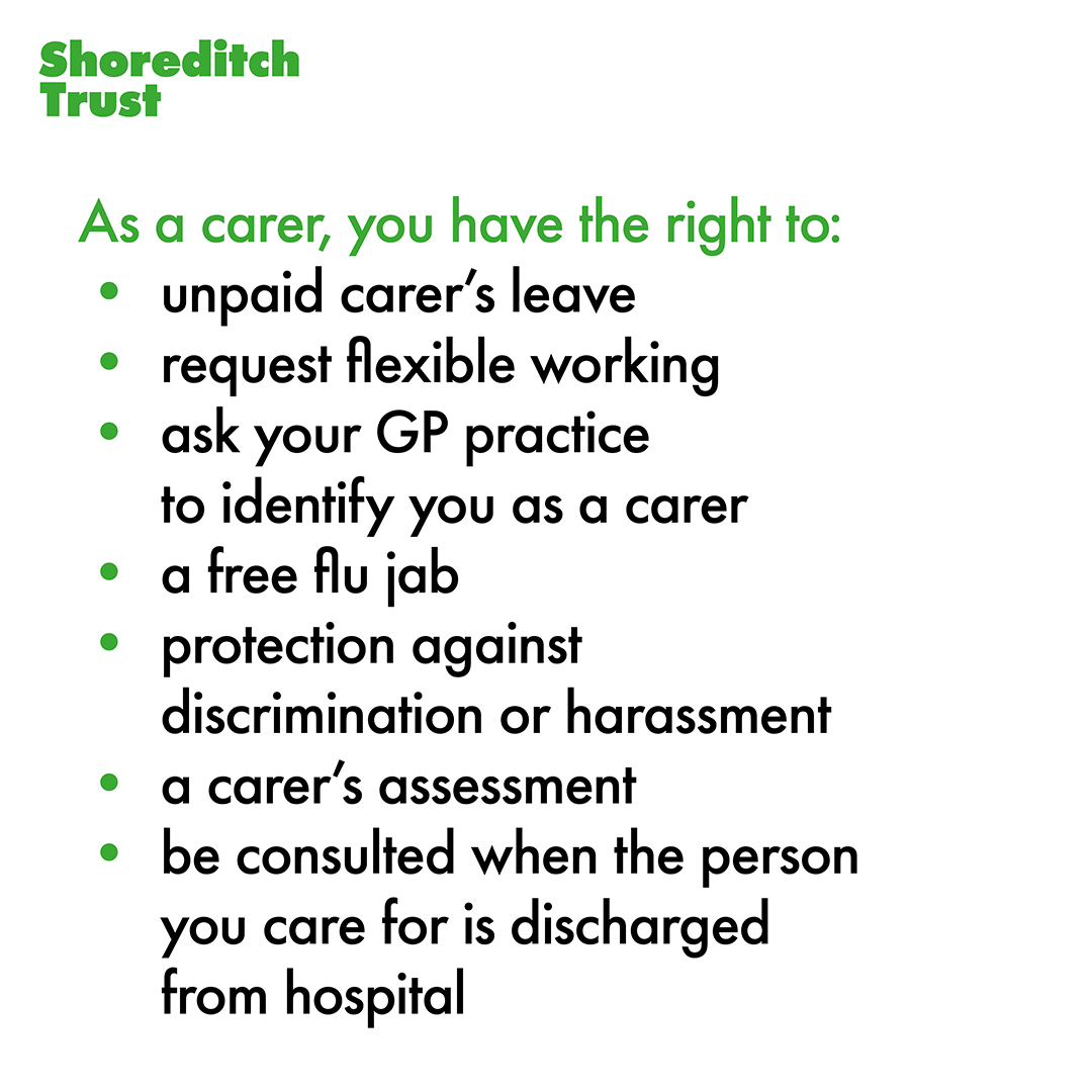 Here at Shoreditch Trust we love the brilliant carers in our community!

We are proud to support carers though our various programmes at Shoreditch Trust 🌟

This #carersrightsday, were raising awareness of the rights the UK's brilliant carers are entitled to.