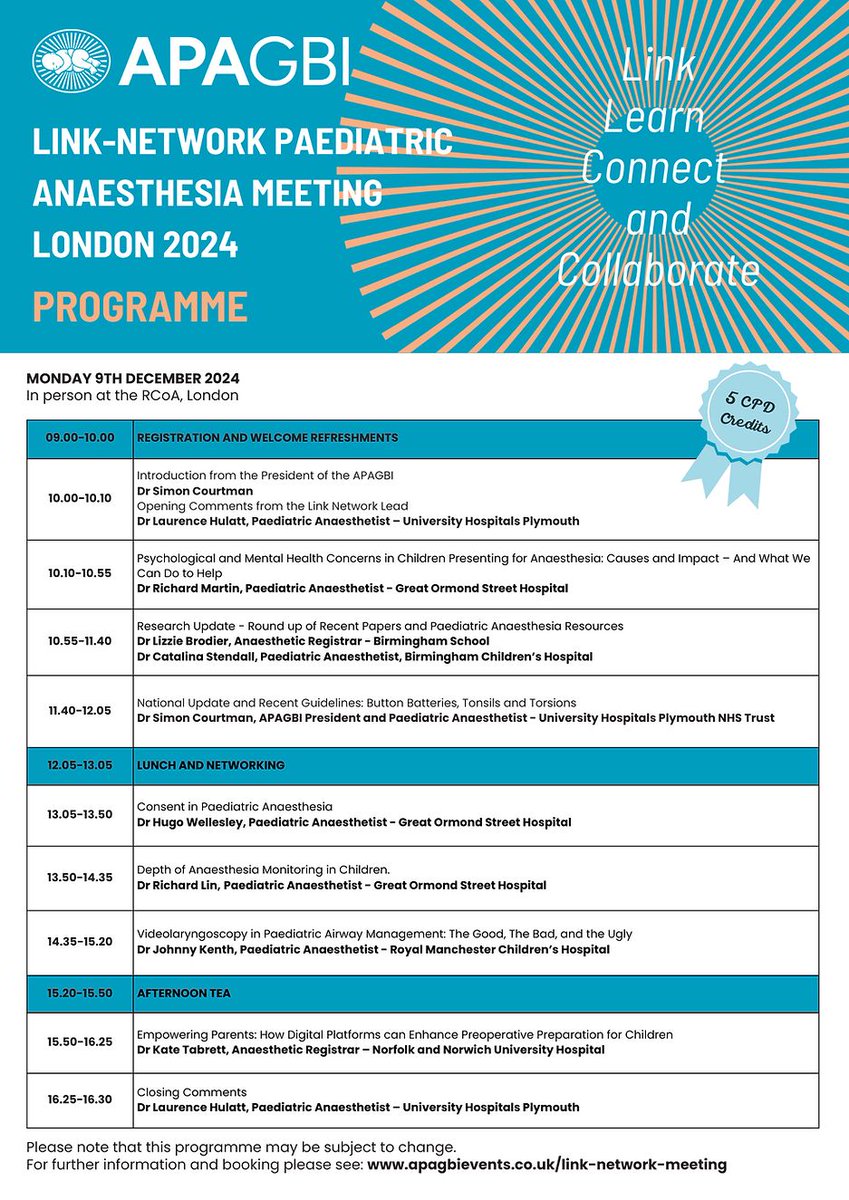 😱 The APAGBI Link-Network meeting 9th Dec has sold out. 💥
Looking forward to seeing all registered delegates for a great programme. 
#CPD #PedsAnes #APAGBI2025 #Anaesthesia
apagbievents.co.uk/link-network-m…