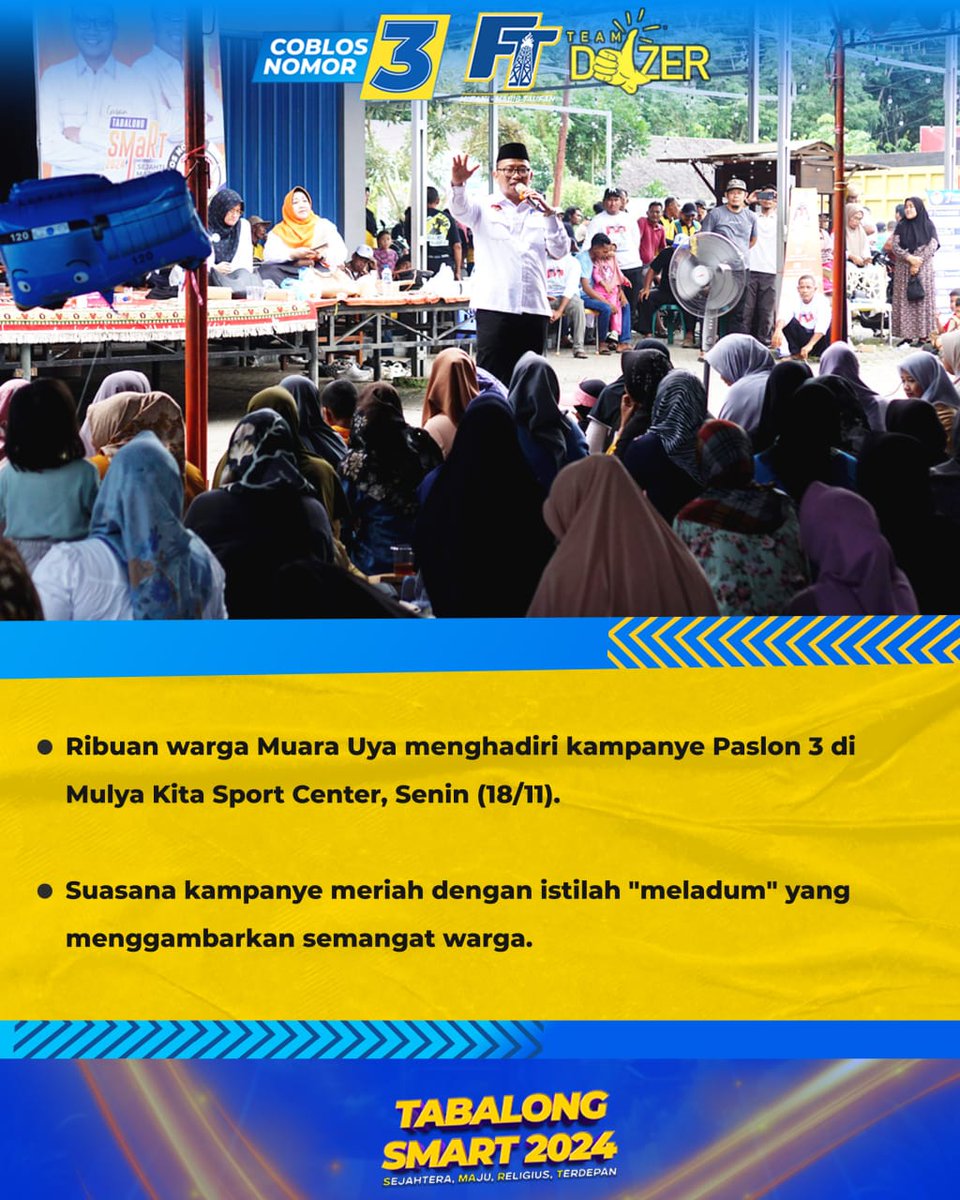 jamarustam1's tweet photo. Meladumm!! Ribuan warga Muara Uya siap coblos nomor 3.

Bersama kita akan bangun Kabupaten Tabalong yang lebih Sejahtera, Maju, Religius, dan Terdepan.

#tabalongsmart #tabalong #noorrifani #habibtaufan #timdozer #tanjungtabalong #sarabakawa #kalimantanselatan https://t.co/asgym9TJyK