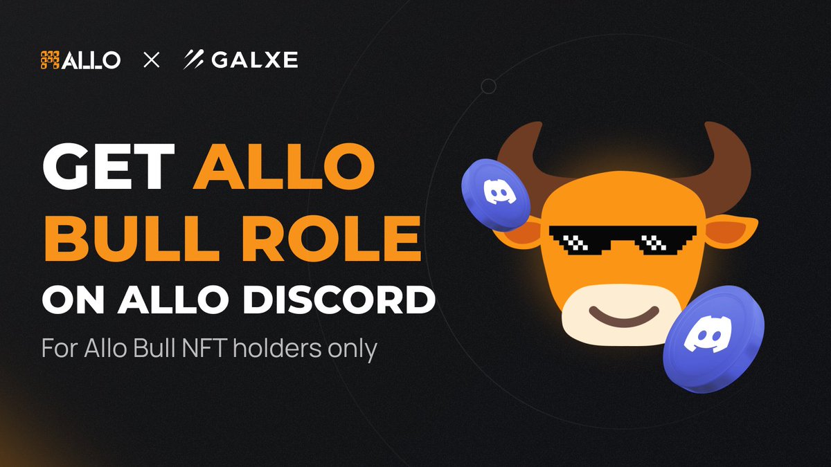 Get the "Allo Bull" role on Allo Discord  🚀

Benefits:
• Priority access to new features and updates
• Invitations to exclusive deals &amp; much more

Check now - app.galxe.com/quest/ALLO/GCR…

Get Limited edition Allo Bulls NFT - app.galxe.com/quest/ALLO/GCY…
