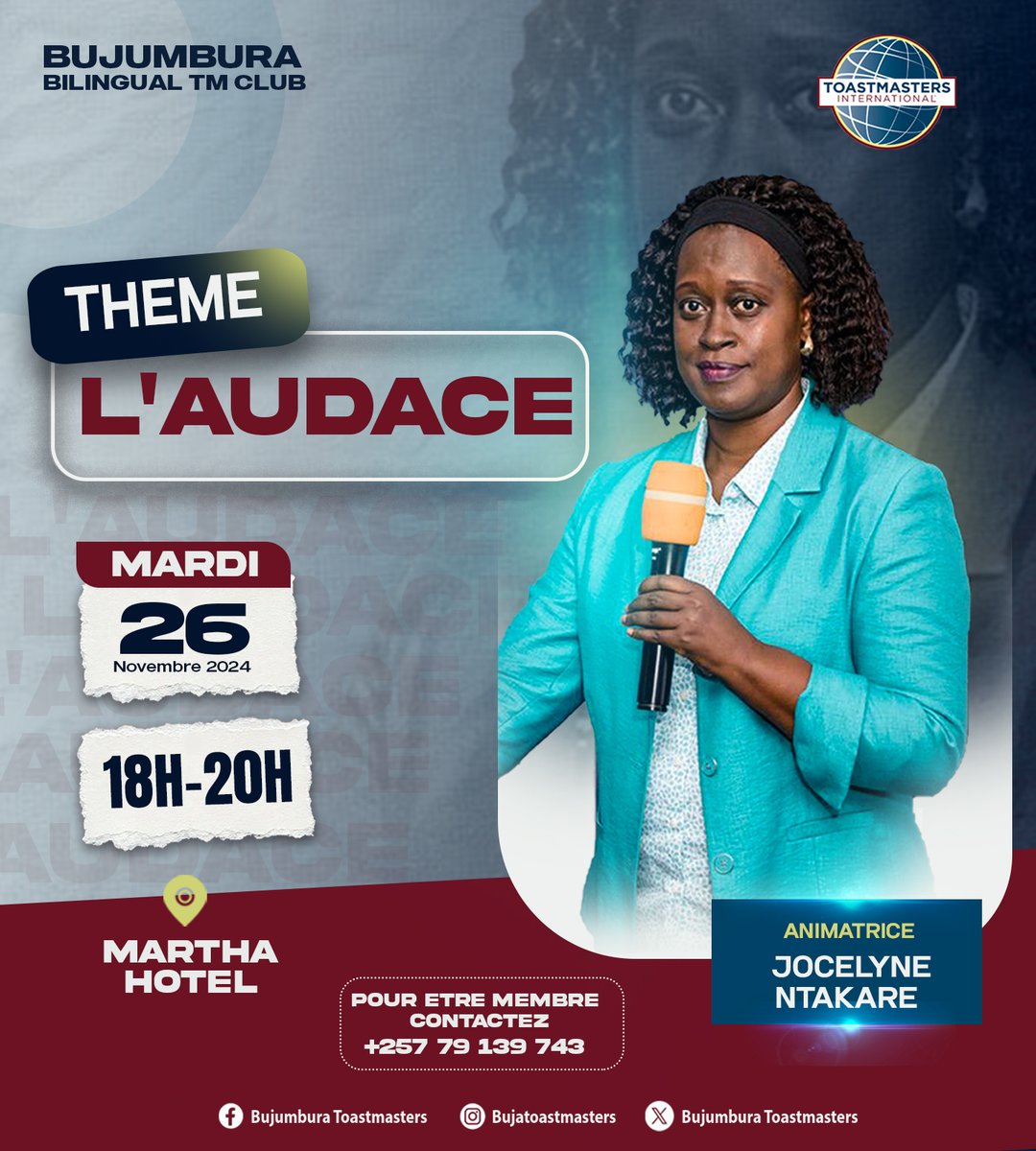 🎤 Invitation à notre 9ᵉ session Toastmasters 

📅 26 Nov. 2024 | 🕕 18h-20h | 📍 Martha Hotel
Thème : L'Audace ✨ | Animatrice : Jocelyne NTAKARE
Rejoignez nous pour développer vos compétences en communication et leadership dans une ambiance inspirante. 
#Toastmasters #abatwip