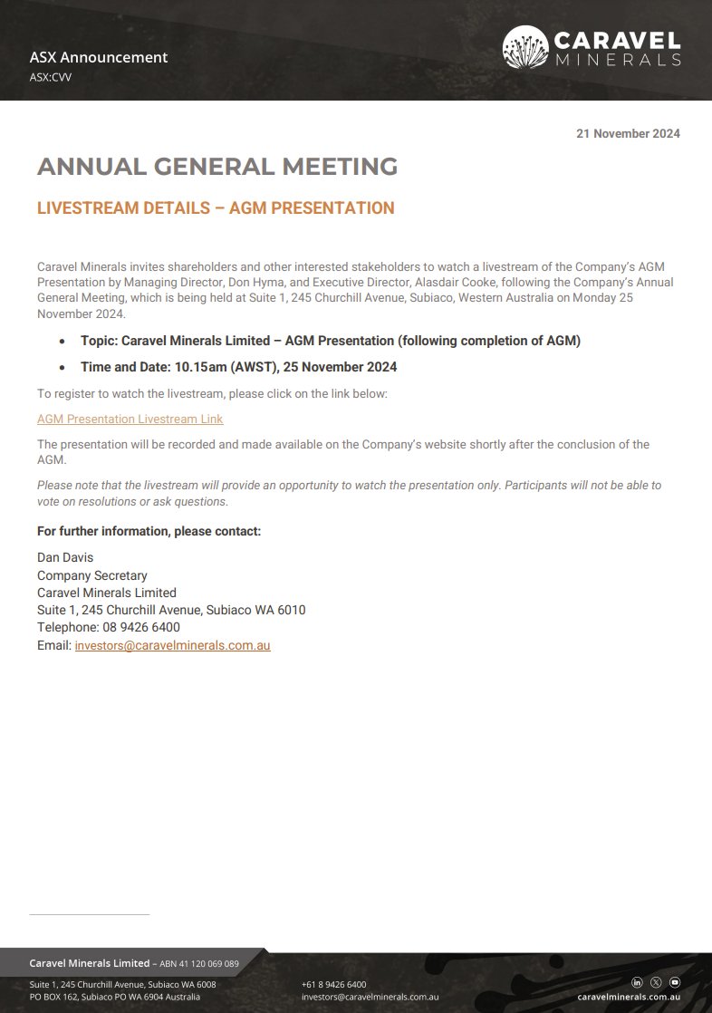 CaravelMinerals's tweet image. Caravel Minerals invites shareholders & interested stakeholders to join a livestream of the Annual General Meeting Presentation by MD Don Hyma & Executive Director Alasdair Cooke on Monday 25 November 2024 at 10:15am AWST.
Register to attend: ow.ly/WVJY50Ubx5T