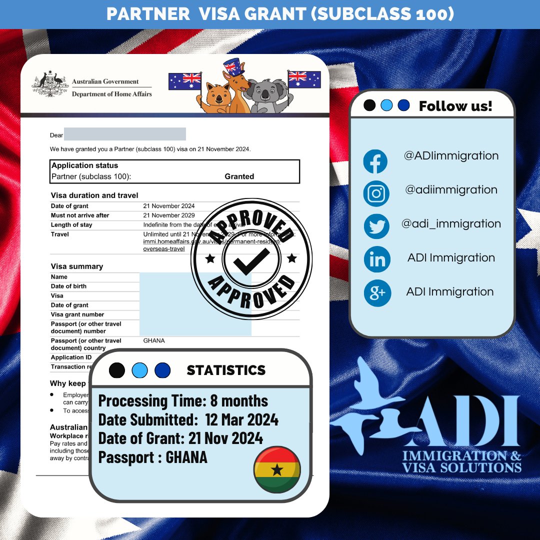 adi_immigration's tweet image. "📷 Congratulations to our  client from Ghana for securing their Subclass 100 permanent residency! 📷📷📷📷
#ADIImmigration #PermanentResidency #Subclass100 #ClientSuccess #GhanaToAustralia #NewBeginnings #AustraliaBound #DreamsComeTrue"