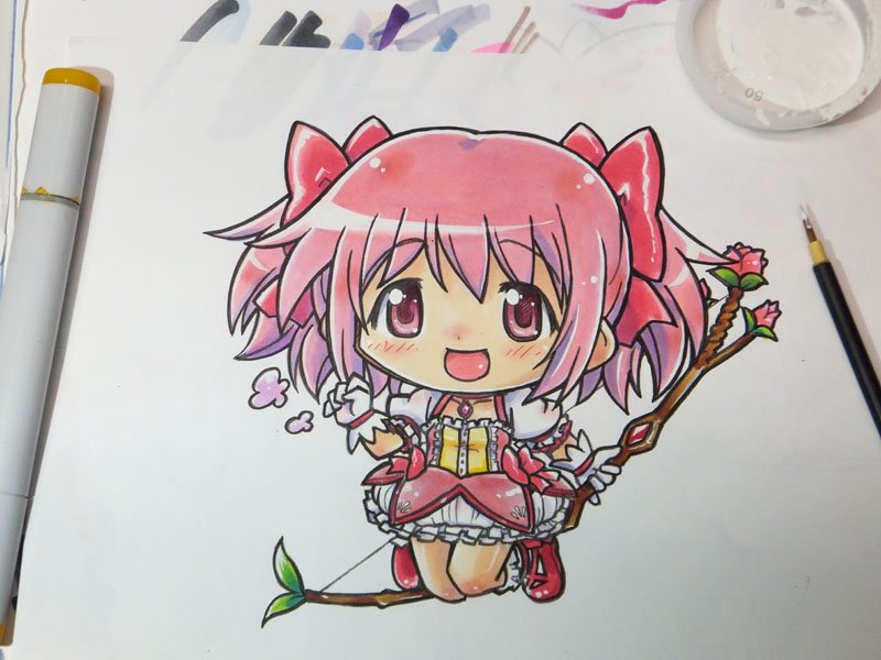 鹿目まどか ,キュゥべえ 「まどかさん 同人ラミ&加工前コピックアナログ塗り絵 リサイクル  #魔法少女まど」|ここまひ（赤い靴CLUB)のイラスト