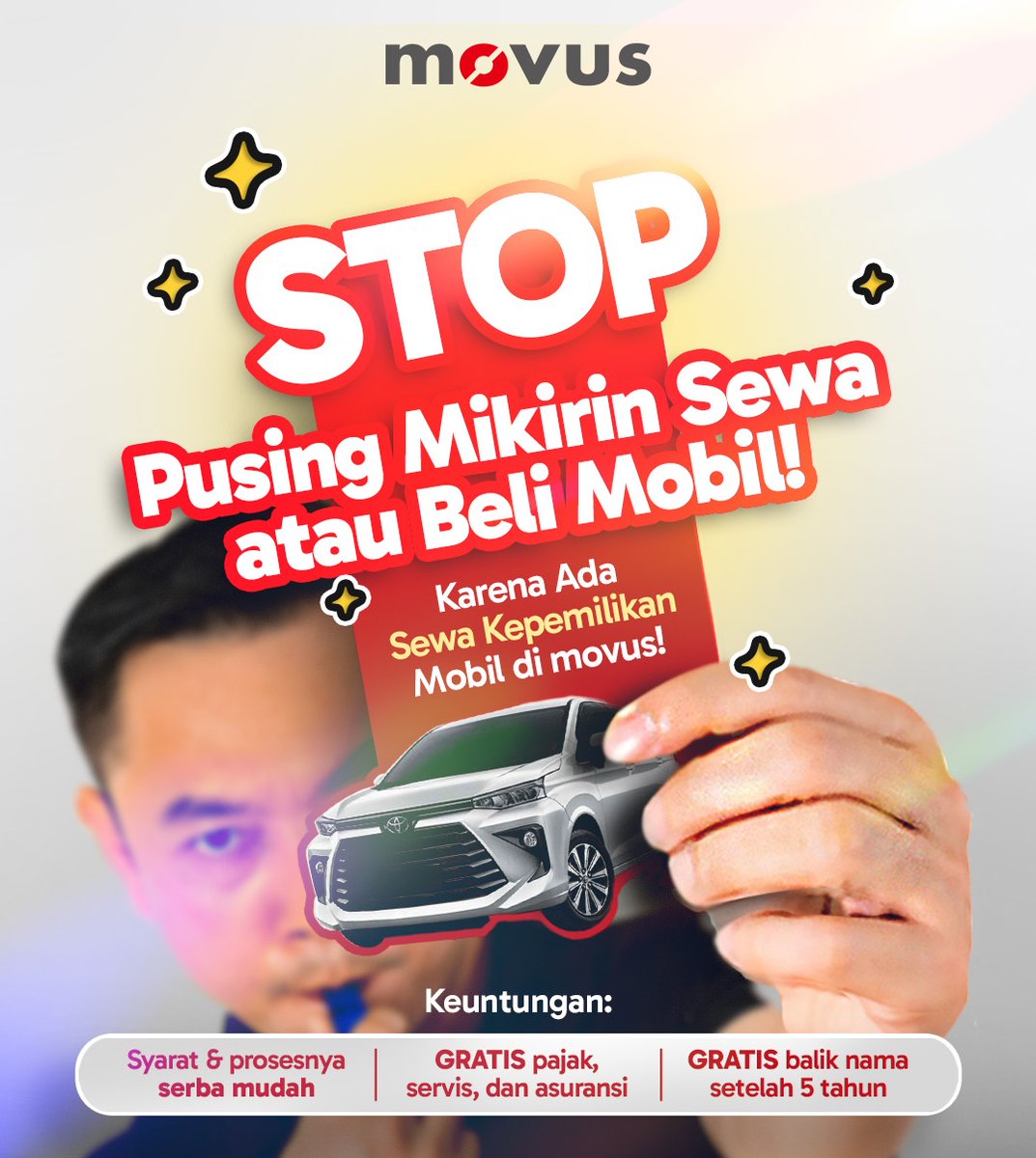 Stop pusing mikirin Sewa atau Beli, dan join Sewa Kepemilikan! Selama 5 tahun kamu juga terbebas dari biaya service dan pajak! Kamu juga bebas menggunakan mobil untuk keperluan apapun dan kemanapun bahkan keluar kota!   Yuk daftar movus sekarang!