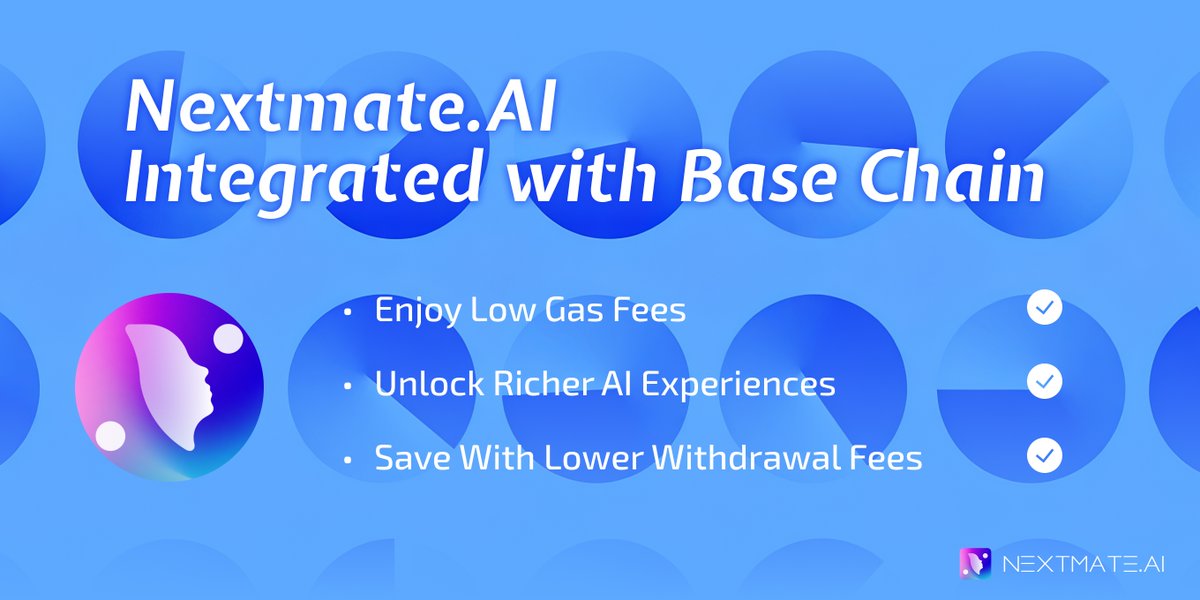 🚀 Big News! #NextmateAI is now integrated with the <a href="/base/">Base</a>! 🌟Your ultimate Meme AI companion and prediction market, is here to serve you better!

🔥Here’s what it means for YOU:
✅ Super Low Gas Fees – More savings, more fun!
✅ Enhanced AI Experiences – Smarter, richer, and more