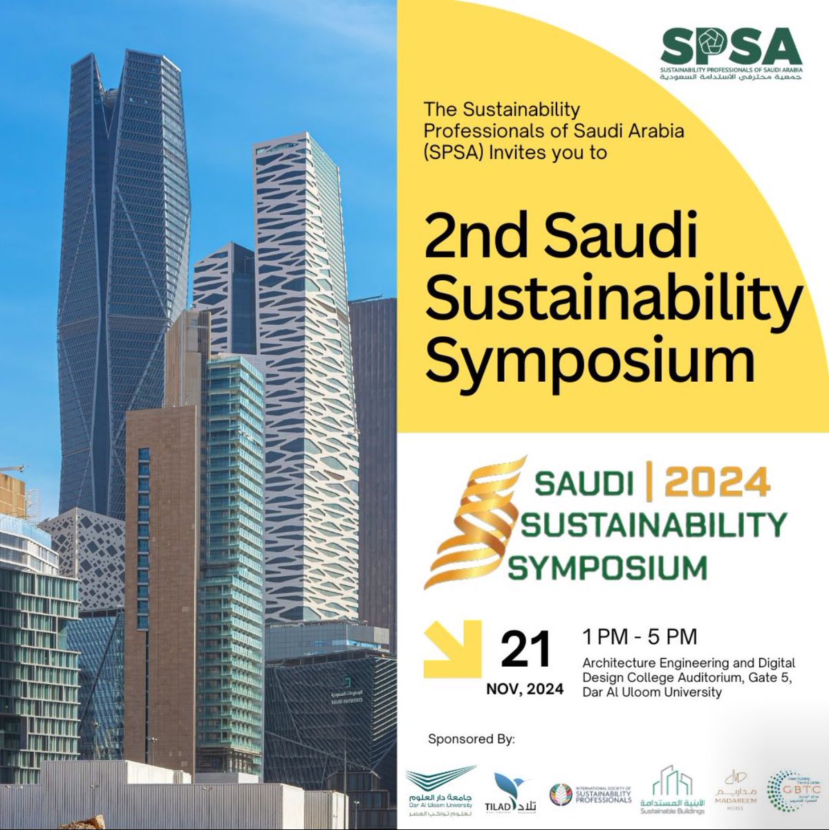 🌍 Join Us Virtually for the Second Saudi Sustainability Symposium! 🌿

Event Details:
Date: November 21, 2024
Time: 1:00 PM - 5:00 PM (Saudi Arabia Time)
Platform: Zoom
Join us via Zoom:🔗 
lnkd.in/dJufynBn

Meeting ID: 880 9329 6429
Passcode: 303646