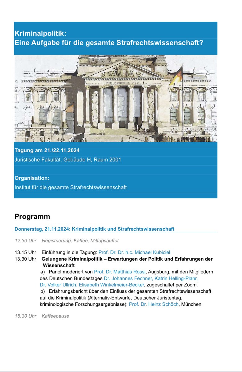 Michael Kubiciel (@m_kubiciel) on Twitter photo Heute geht’s los: Unsere Tagung zur Idee der gesamten Strafrechtswissenschaft.
Den Auftakt macht ein tolles Panel: <a href="/KatrinHelling/">Katrin Helling-Plahr</a> <a href="/ElisabethWinke4/">Elisabeth Winkelmeier-Becker</a> <a href="/FechnerJohannes/">Johannes Fechner</a> <a href="/VolkerUllrich/">Volker Ullrich</a> Heute geht’s los: Unsere Tagung zur Idee der gesamten Strafrechtswissenschaft.
Den Auftakt macht ein tolles Panel: <a href="/KatrinHelling/">Katrin Helling-Plahr</a> <a href="/ElisabethWinke4/">Elisabeth Winkelmeier-Becker</a> <a href="/FechnerJohannes/">Johannes Fechner</a> <a href="/VolkerUllrich/">Volker Ullrich</a>