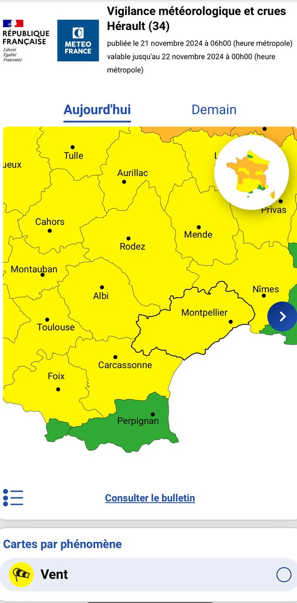 #DernièreMinute|| Le département de l’#Hérault sera placé en #VigilanceJaune🟡 pour vent à partir de 16h00 🕓
🔺Prenez garde aux chutes de branches, d’objets… Restez informés via les réseaux officiels