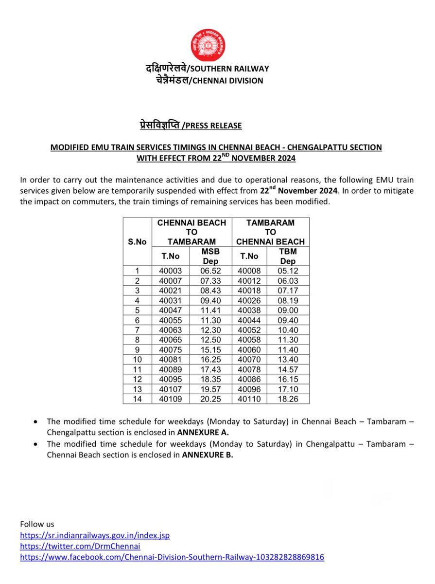 DrmChennai's tweet photo. Modified EMU train services timings in #Chennai Beach - #Tambaram - #Chengalpattu section with effect from 22nd November 2024

Passengers, kindly take note

#RailwayAlert https://t.co/8fLJCGSZLf