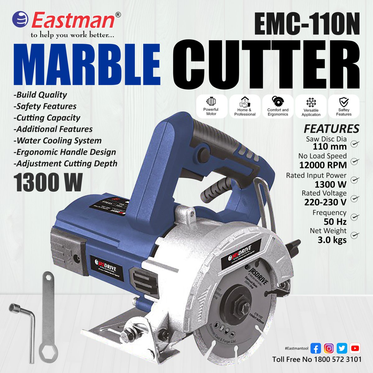 EastmanTool's tweet image. Enhance your cutting efficiency with the Eastman Marble Cutter EMC-110N
✅ Adjustable cutting depth
✅ Ergonomic handle for comfort
✅ Built-in water cooling system
Perfect for intricate &amp;amp; heavy-duty tasks, built for durability &amp;amp; safety.
#EastmanTools #MarbleCutter #PowerTools