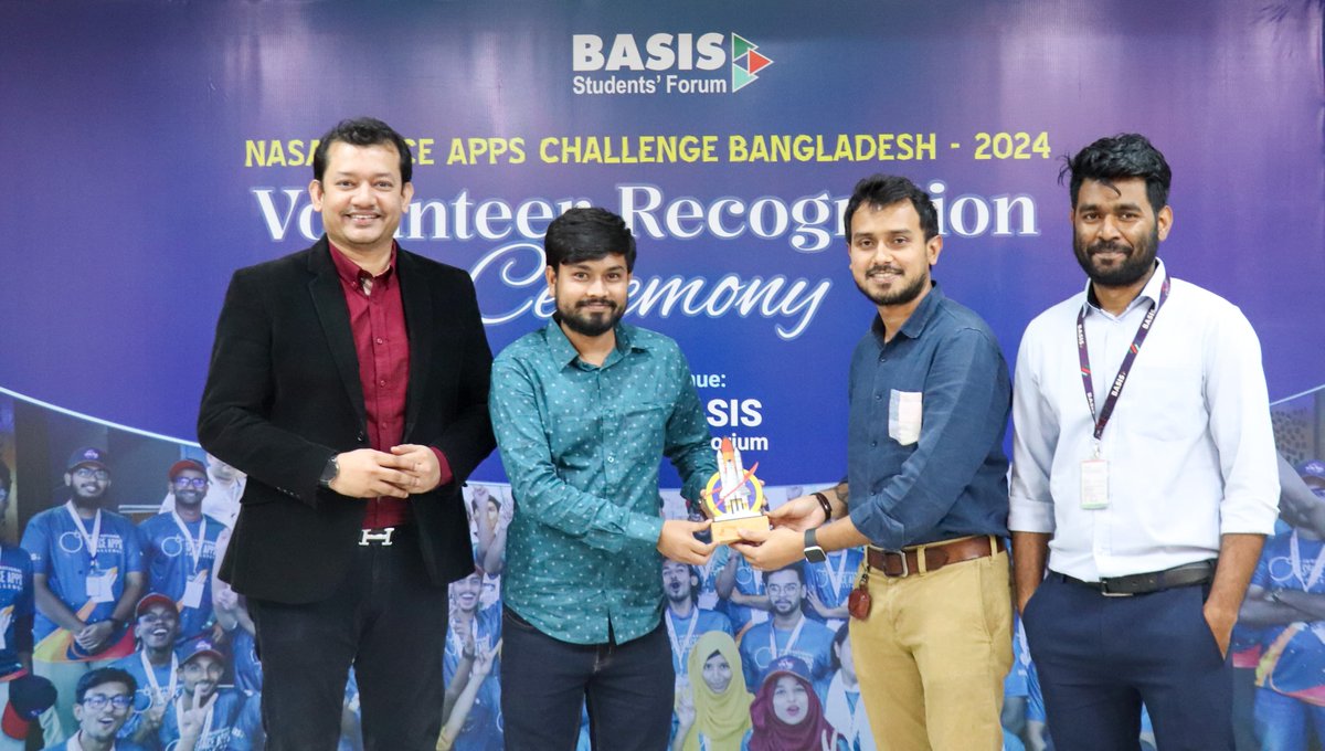 BASIS_BD's tweet photo. 🌟 Volunteer Recognition Ceremony: NASA Space Apps Challenge Bangladesh 2024 🌟

We are thrilled to share the highlights of the Volunteer Recognition Ceremony organized by the BASIS Students' Forum, held on November 20, 2024, at the BASIS Auditorium. https://t.co/O87uxxwCyK