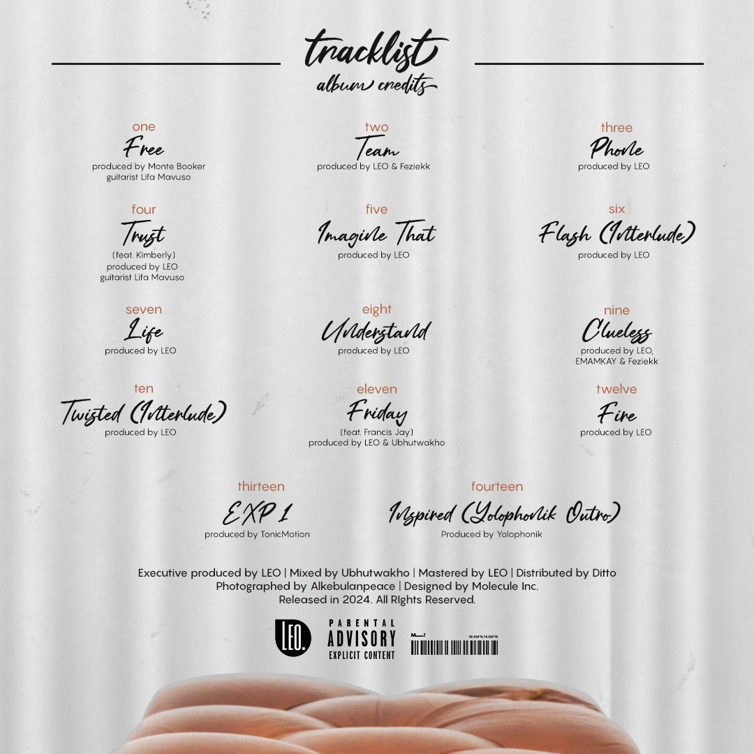 Silk a debut album by LEO Official Cover + Credits 

24 NOVEMBER 📅 

Produced by LEO, Monte Booker, TonicMotion &amp; Yolophonik
 
Additional Production by EMAMKAY, Feziekk &amp; Ubhutwako

Backing Vocals by Imani Omari, Ruse &amp; TRON PYRE

📸 <a href="/AlkebulanPeace/">Mashiane.</a>