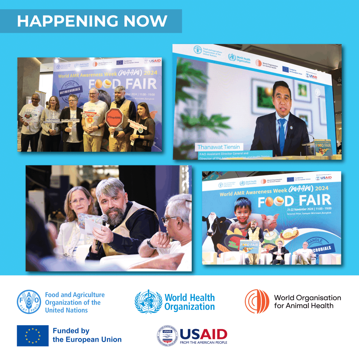 FAOAsiaPacific's tweet photo. Happening now | World AMR Awareness Week Food Fair Bangkok 🇹🇭
🔵Educate. Advocate. Act Now!
Our global AMR leaders at the opening ceremony shared key messages how we can fight #AntimicrobialResistance through smarter food choices and best practices.
#WAAW2024 #AMR #FoodSafety https://t.co/RRG4ti4ejs