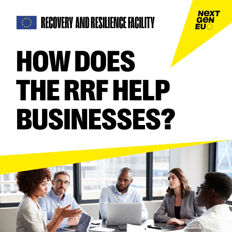ecfin's tweet photo. Do you know how the Recovery and Resilience Facility is helping businesses across the EU🇪🇺?

🗂️ Improving business environment
💶 Funding to businesses
🧰 Addressing skills &amp; labour shortages

Swipe ⬅️ to learn more about the impact on the ground!

#NextGenerationEU