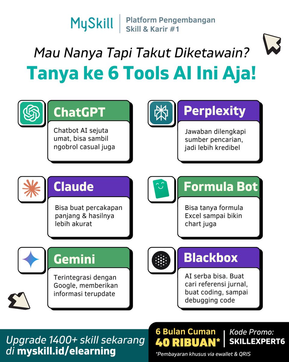myskill_id's tweet photo. Mau nanya tapi takut diketawain? 
Mending tanya ke 6 tools AI ini deh!🫡

Mulai dari cari referensi jurnal, rumus excel, sampe jadi temen chat waktu lagi gabut juga bisa😋

Daripada gabut cuma chat sama AI, mending upgrade skill aja di elearning bersertifikat~

Langganan sekarang di:
💫https://t.co/UE59EICrXJ

#LearnAtMySkill