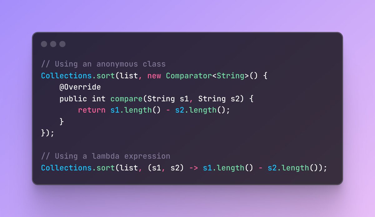 CodeWithHaci's tweet image. Tip #14: Use Lambda Expressions for Functional Interfaces
Starting from Java 8, replace anonymous classes with lambda expressions to make your code shorter and more readable.
#Java #CodingTips #LambdaExpressions