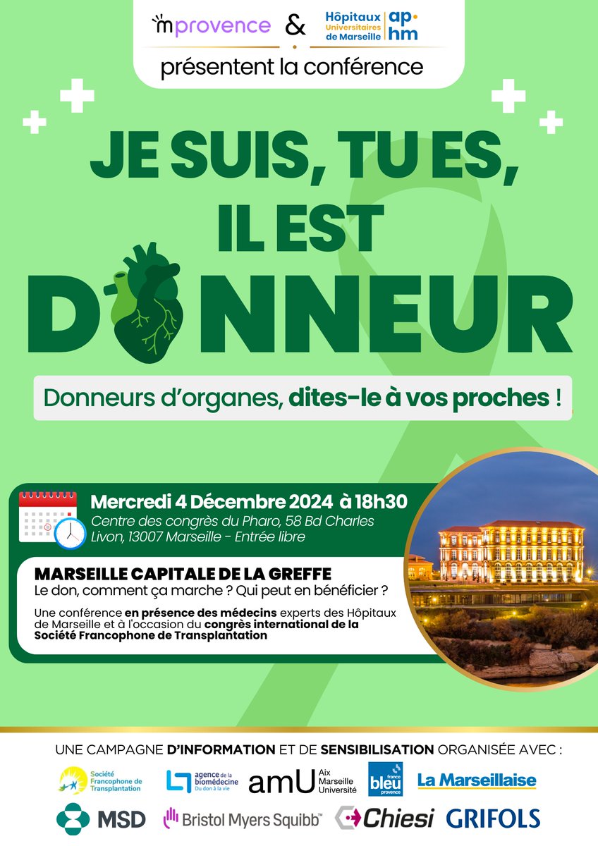 📢 Dans le cadre de notre congrès annuel, une conférence publique se tiendra à Marseille le mercredi 4 décembre à 18h30 dans le centre des congrès du Pharo, en présence de médecins experts des Hôpitaux de Marseille, de patients greffés et de leurs familles, mais aussi de lycéens.