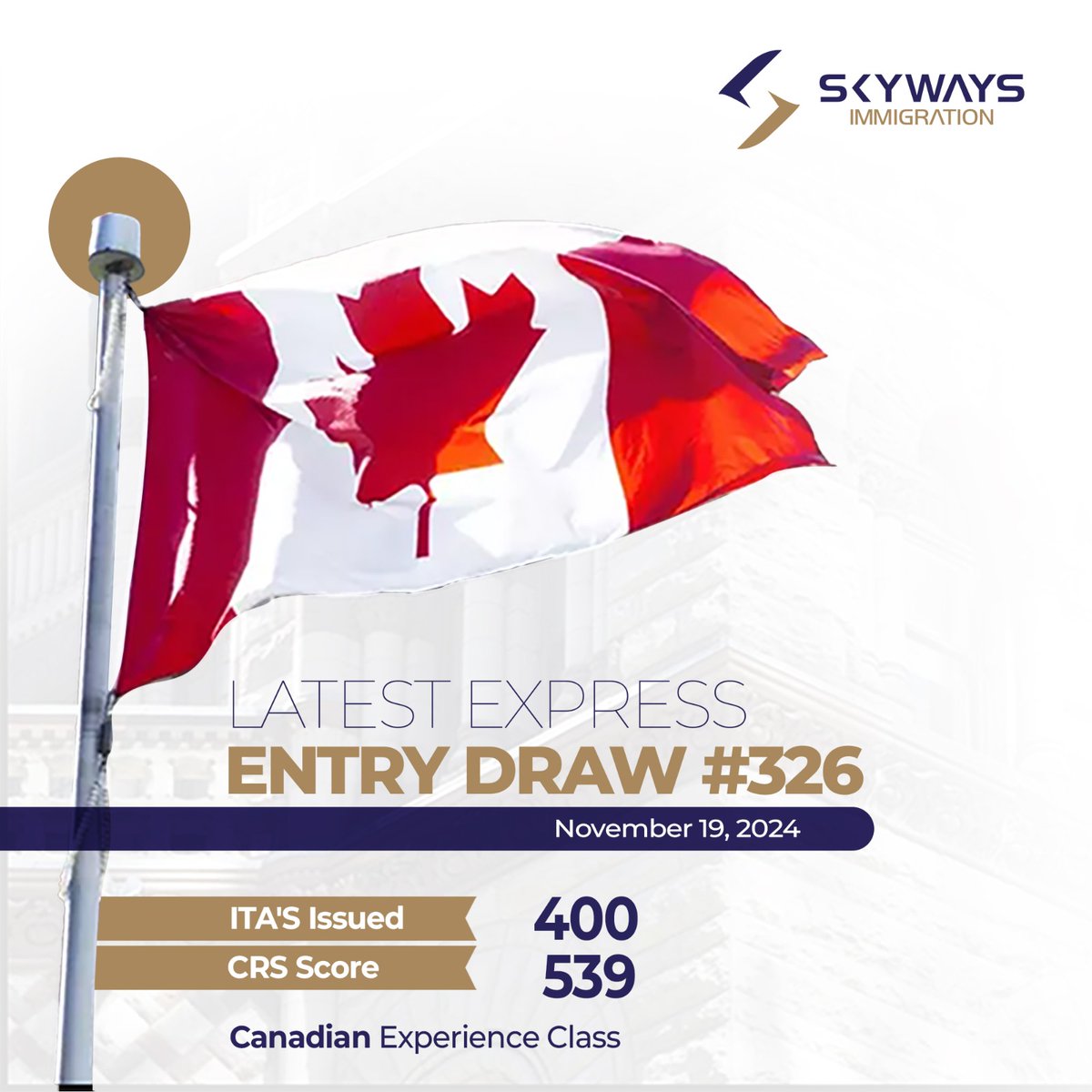 Skywaysuae's tweet photo. 📢𝐋𝐚𝐭𝐞𝐬𝐭 𝐄𝐱𝐩𝐫𝐞𝐬𝐬 𝐄𝐧𝐭𝐫𝐲 𝐃𝐫𝐚𝐰 #𝟑𝟐𝟔 - 𝐍𝐨𝐯𝐞𝐦𝐛𝐞𝐫 𝟏𝟗, 𝟐𝟎𝟐𝟒🗓️
In the latest Express Entry draw, 400 Invitations to Apply (ITAs) were issued under the Canadian Experience Class.
#Skyways #ExpressEntry #CanadaImmigration #CIC #CanadianExperienceClass https://t.co/ZhBKyzeEso