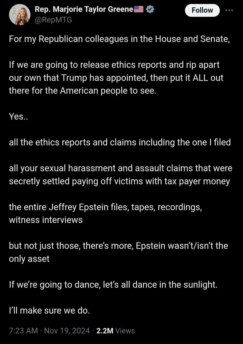 Good morning and Happy Thursday to everyone who agrees it's bizarre that two days ago, Marjorie Taylor Greene made it clear she knows about OTHER sex offenders in Congress, but she's just sitting on this one to protect Matt Gaetz.

She's a member of Congress condoning crimes in