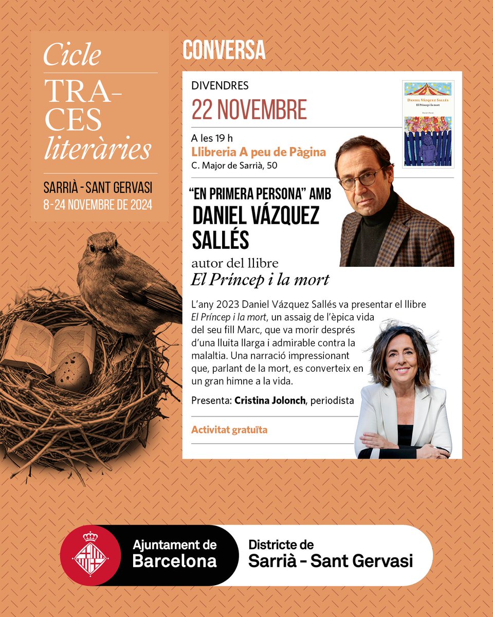 ✨ EN PRIMERA PERSONA
Conversa amb <a href="/VazquezSalles/">D. Váquez Sallé</a>, autor de *El Príncep i la mort".
Una narració impressionant que parla de la mort del seu fill i que esdevé un himne a la vida. Presentat per <a href="/cristinajolonch/">Cristina Jolonch</a>
A la <a href="/apeudepagina/">Llibreria A peu de pàgina</a>
ℹ️ ajuntament.barcelona.cat/sarria-santger…