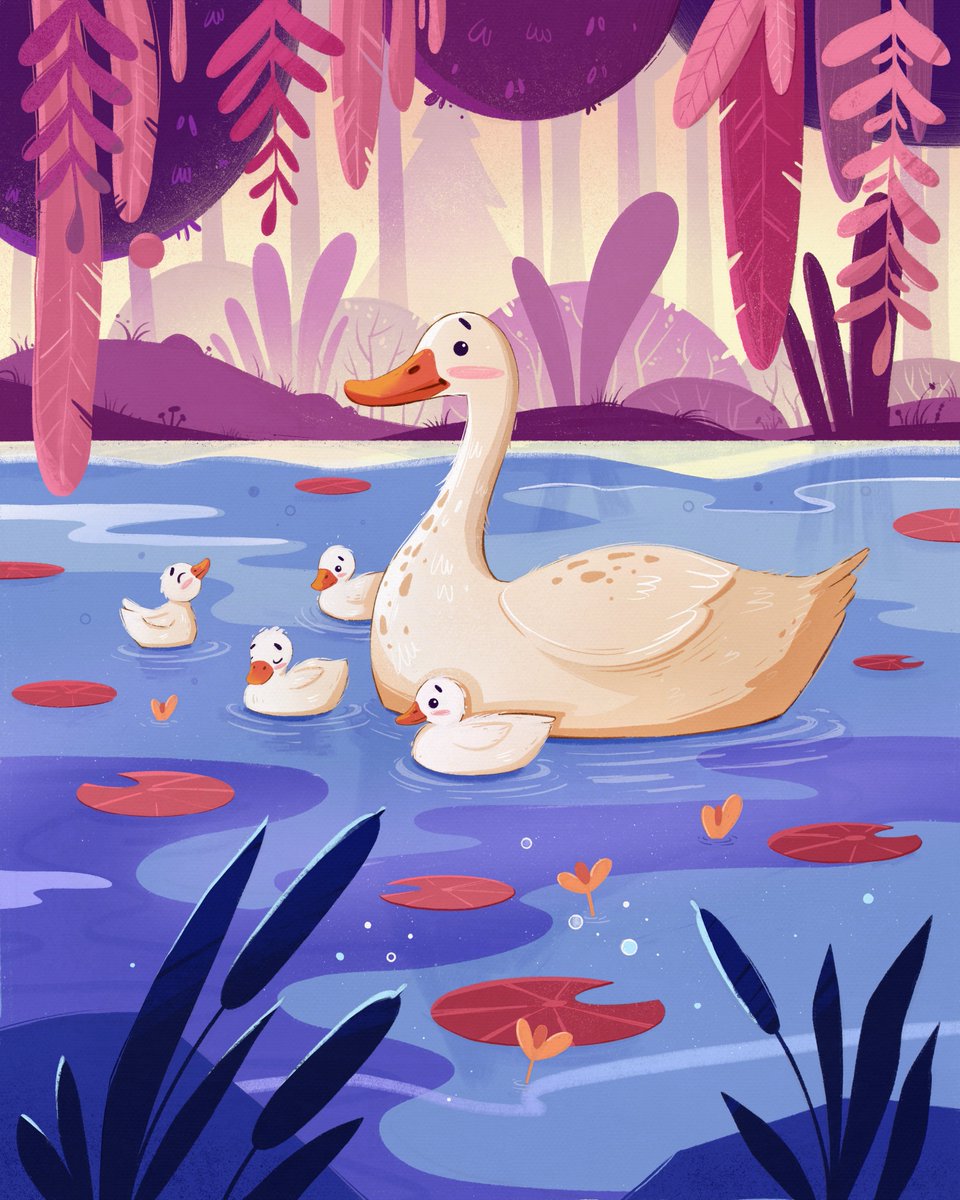 Ivaboybee's tweet photo. Mother duck glides gracefully across a calm pond, her ducklings in tow. 🦆💜 Who else feels like taking a stroll near the water? 🌿#illustration
#ducks #childrenillustration #childrenbook #illustrator #commissionsopen https://t.co/YydimOqy4G
