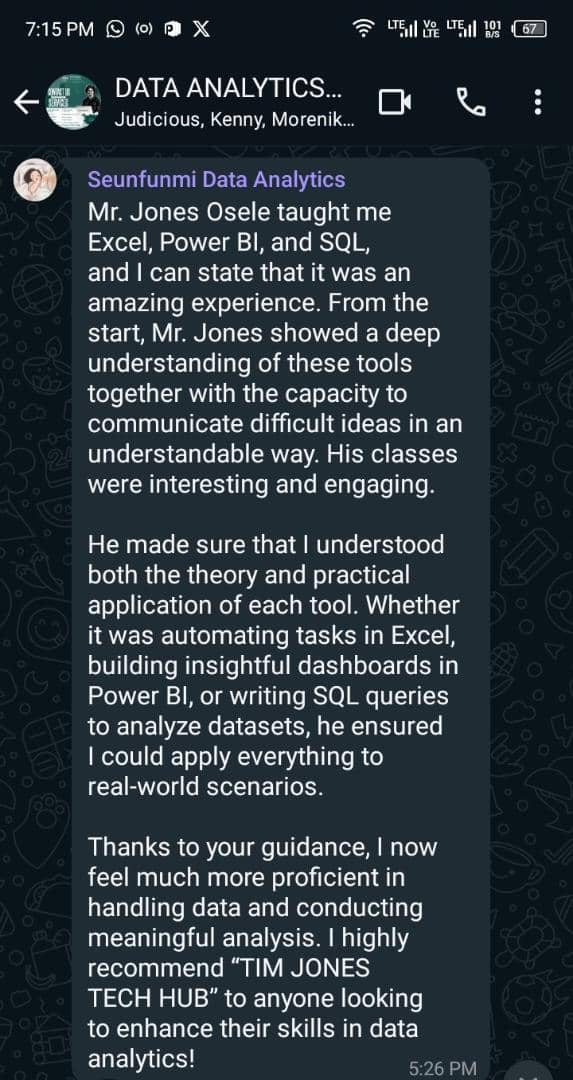timi_jaykeyz's tweet image. This year has been amazing at Tim Jones Tech Hub!Ready to become a tech-savvy pro?Join our Virtual SQL Bootcamp in 2 weeks from now what do you stand to gain:
👉Expert-led sessions
👉Hands-on projects
👉Supportive community
#SQLBootcamp #LearnSQL #TechCareers #DataAnalytics