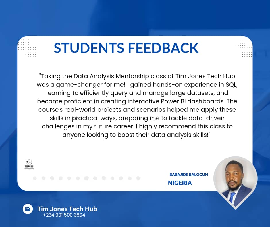 timi_jaykeyz's tweet image. This year has been amazing at Tim Jones Tech Hub!Ready to become a tech-savvy pro?Join our Virtual SQL Bootcamp in 2 weeks from now what do you stand to gain:
👉Expert-led sessions
👉Hands-on projects
👉Supportive community
#SQLBootcamp #LearnSQL #TechCareers #DataAnalytics