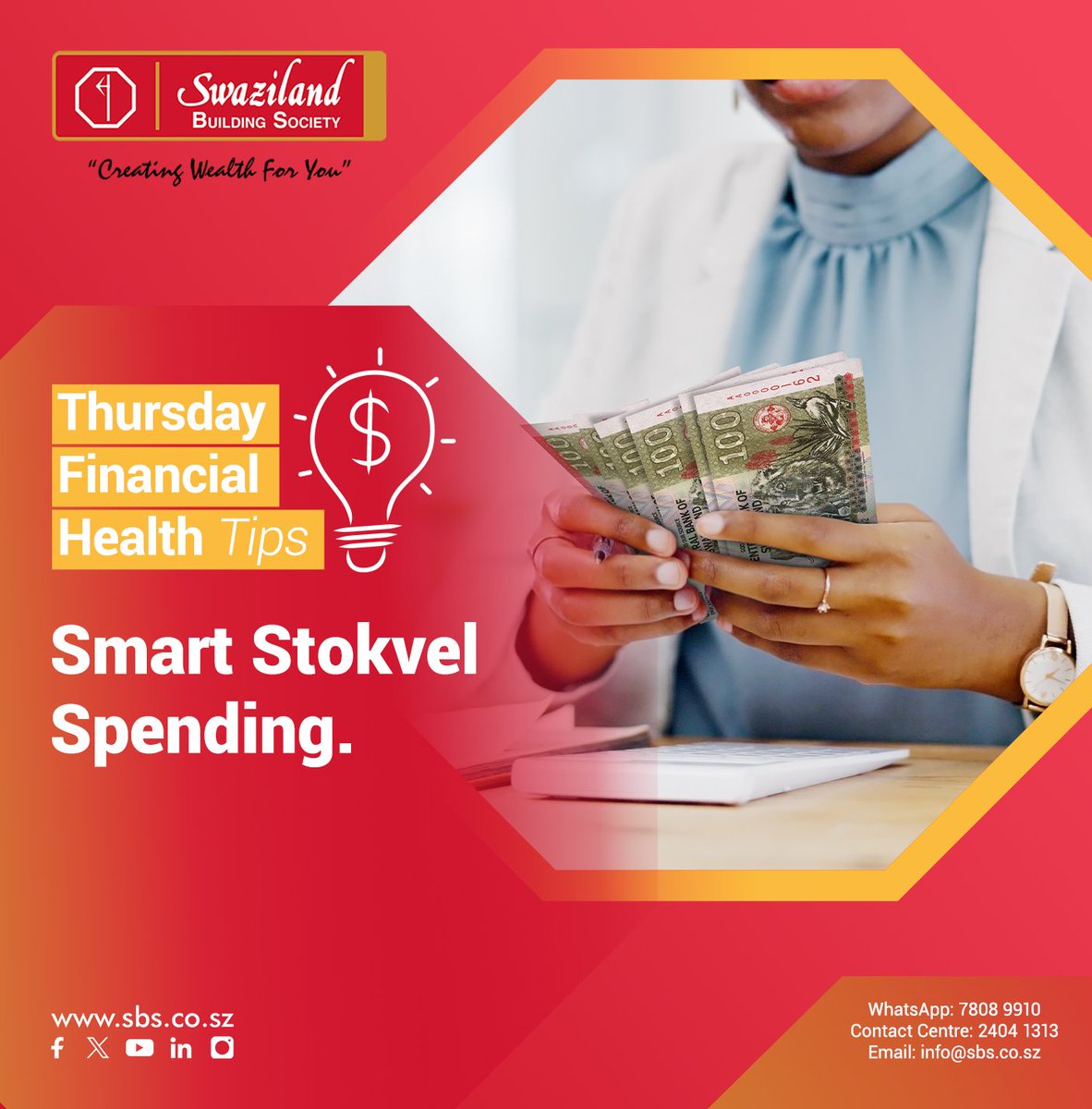 SBSswaziland's tweet image. Thursday Financial Health Tips with SBS💸💰

Smart Stokvel Spending: If you’re using your stokvel money, prioritize essential expenses first.

#CreatingWealthForYou #SBSFinancialTips #SwazilandBuildingSociety #Eswatini