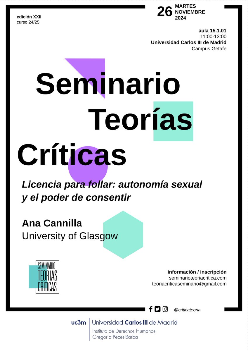 Seminario de Teorías Críticas (@criticateoria) on Twitter photo Próxima semana, <a href="/AnaCannilla/">Ana Cannilla</a> en <a href="/uc3m/">UC3M</a> (Getafe). Organiza <a href="/CriticaTeoria/">Seminario de Teorías Críticas</a> del <a href="/idhbc_uc3m/">Derechos Humanos (IDHPB)</a> Más información: seminarioteoriacritica.com/licencia-para-… Próxima semana, <a href="/AnaCannilla/">Ana Cannilla</a> en <a href="/uc3m/">UC3M</a> (Getafe). Organiza <a href="/CriticaTeoria/">Seminario de Teorías Críticas</a> del <a href="/idhbc_uc3m/">Derechos Humanos (IDHPB)</a> Más información: seminarioteoriacritica.com/licencia-para-…
