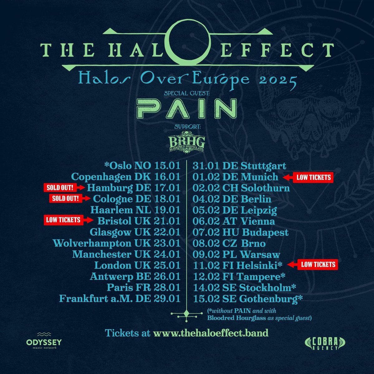 Halos! 
Hamburg and Cologne are already sold out, and tickets are running low for Bristol, Munich, and Helsinki!
Don’t miss out on the ’Halos Over Europe’ tour - Grab yours now, and we’ll see you in 2025!🤘💚

🎟️ Get your tickets here: thehaloeffect.band

#thehaloeffect
