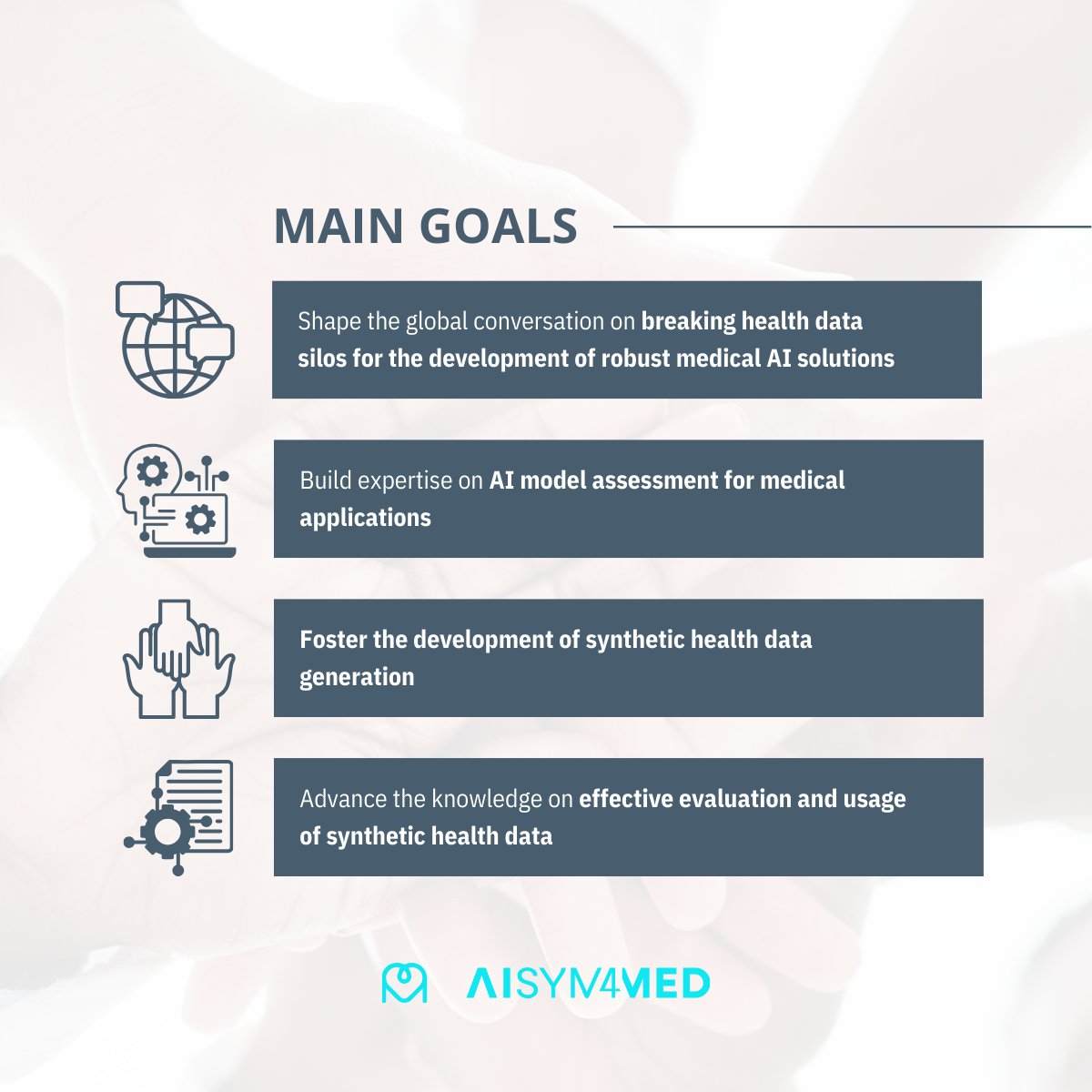 Main Goals of AISym4MED - Horizon Europe #CoP

Our Community of Practice is dedicated to advancing medical AI and health data #innovation. 

Click here to learn more: docs.google.com/forms/d/e/1FAI…

#MedicalAI #HealthData #SyntheticData #AISym4MED #AIInnovation