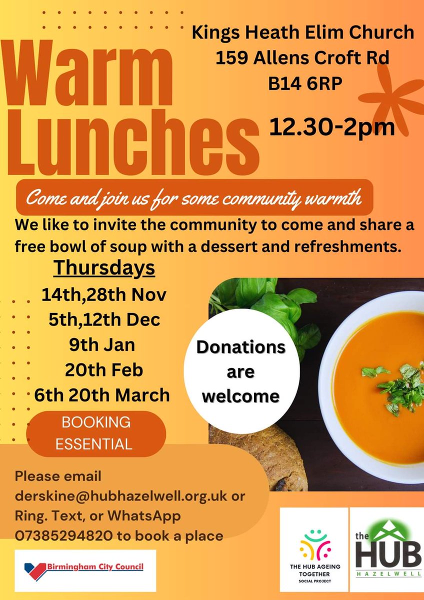 The Hub Ageing Together Social Project (@hub_agetogether) on Twitter photo Our warm lunches are back!
Come and join our community lunches
<a href="/BhamCityCouncil/">Bham City Council</a>
<a href="/WarmWelcome_UK/">Warm Welcome UK @warmwelcomeuk.bsky.social</a> Our warm lunches are back!
Come and join our community lunches
<a href="/BhamCityCouncil/">Bham City Council</a>
<a href="/WarmWelcome_UK/">Warm Welcome UK @warmwelcomeuk.bsky.social</a>