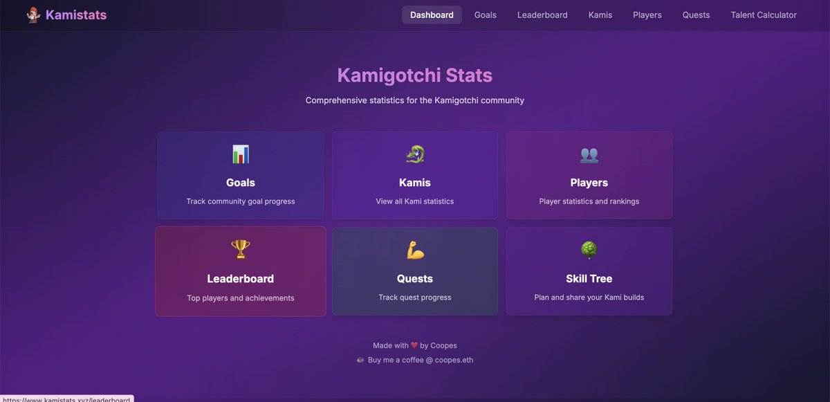FIRST community dashboard for <a href="/kamigotchiworld/">Kamigotchi</a> made by <a href="/Coopesmtg/">Coopes</a> where you can find:

1. Current running coops.
2. Kami ranking with their stats and searching by name.
3. Players ranking sorted by rep.
4. Quests dashboard.
5. BUILD MAKER with link sharing - i will definitely use