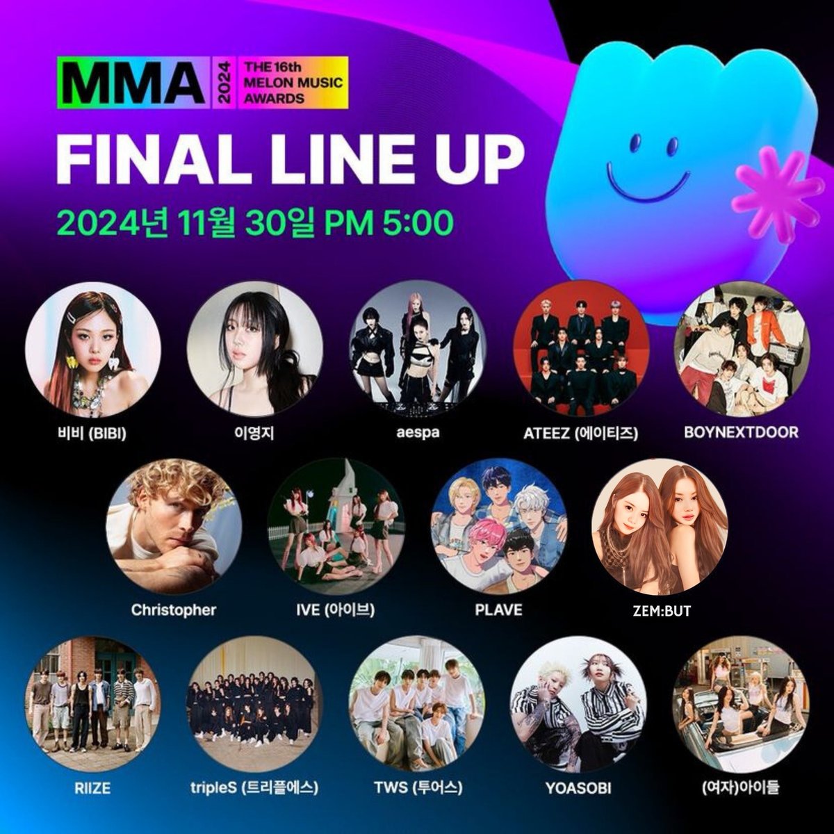 LOONTHEOfficial's tweet photo. [𝗠𝗠𝗔𝟮𝟬𝟮𝟰] 𝗙𝗜𝗡𝗔𝗟 𝗟𝗜𝗡𝗘-𝗨𝗣
#MMA2024 를 환호와 열광으로 채울
아티스트 라인업을 소개합니다✨

MMA LIVE 알림 받기 설정하고
인용🔁으로 인증샷 공유하면
멜론뮤직어워드 초대권 4장(1인 1매) 드려요🎫

📆기간 : ~11/25(월)
✔️발표 : 11/26(화)

#ZEMBUT #젬부트 https://t.co/9hTnHBkcG5