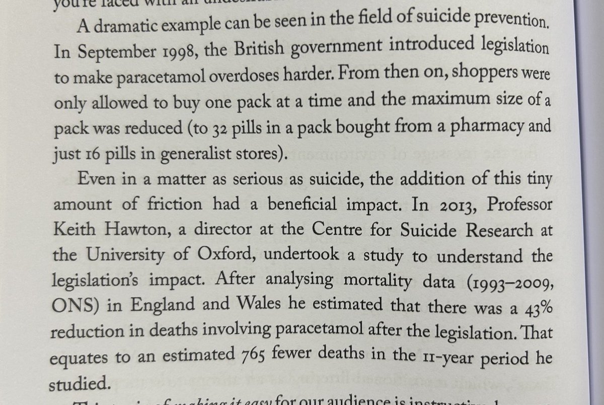 A theme in behavioural science is we overestimate the impact of motivation, underestimate the importance of friction

This is true even in areas as serious as suicide prevention - adding small barriers has an outsized effect

In Illusion of Choice 

amazon.co.uk/Illusion-Choic…