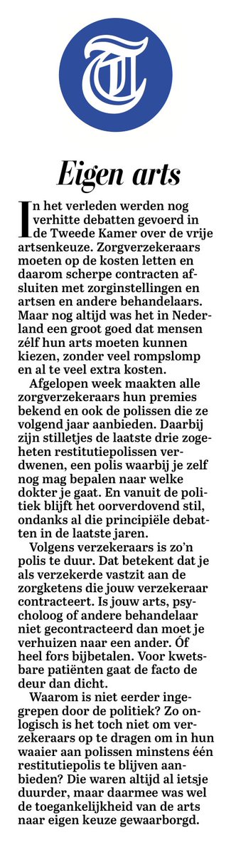 Via achterbakse truc de vrije artsenkeuze afschaffen. Weinig journalisten vinden het de moeite waard om te melden. 
De politiek is te druk met zichzelf bezig en met roddelen, waar journalisten graag over berichten. 

Zucht. 

Gelukkig een hoofdredactioneel commentaar <a href="/telegraaf/">De Telegraaf</a>