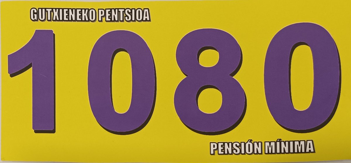 Gaur Euskal Herriko pentsionistak Gasteizera, parlamentura, gutxieneko pentsioak eskatzera.
1080€ ORAIN