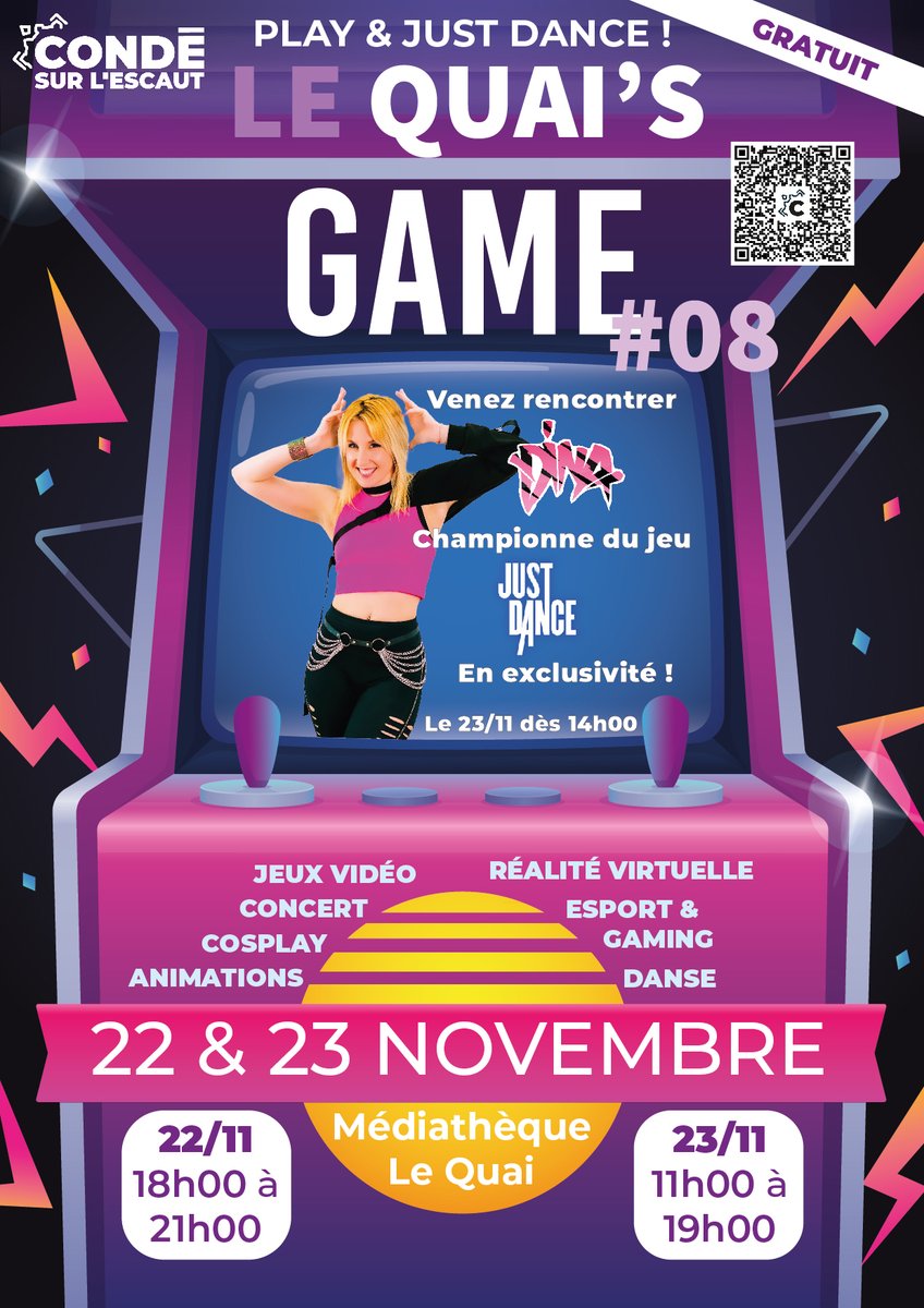 🎮✨ C'EST DEMAIN ! 🎶💃
Le Quai’s Game #08 débarque à la Médiathèque les 22 et 23 novembre ! 🌟
🎮 Jeux vidéo
🕺 Show exceptionnel de Dina, championne Just Dance, le 23/11 dès 14h !
👾 Réalité virtuelle, esport &amp; gaming
🎭 Cosplay &amp; animations
🎵 Concerts
📍 Entrée gratuite