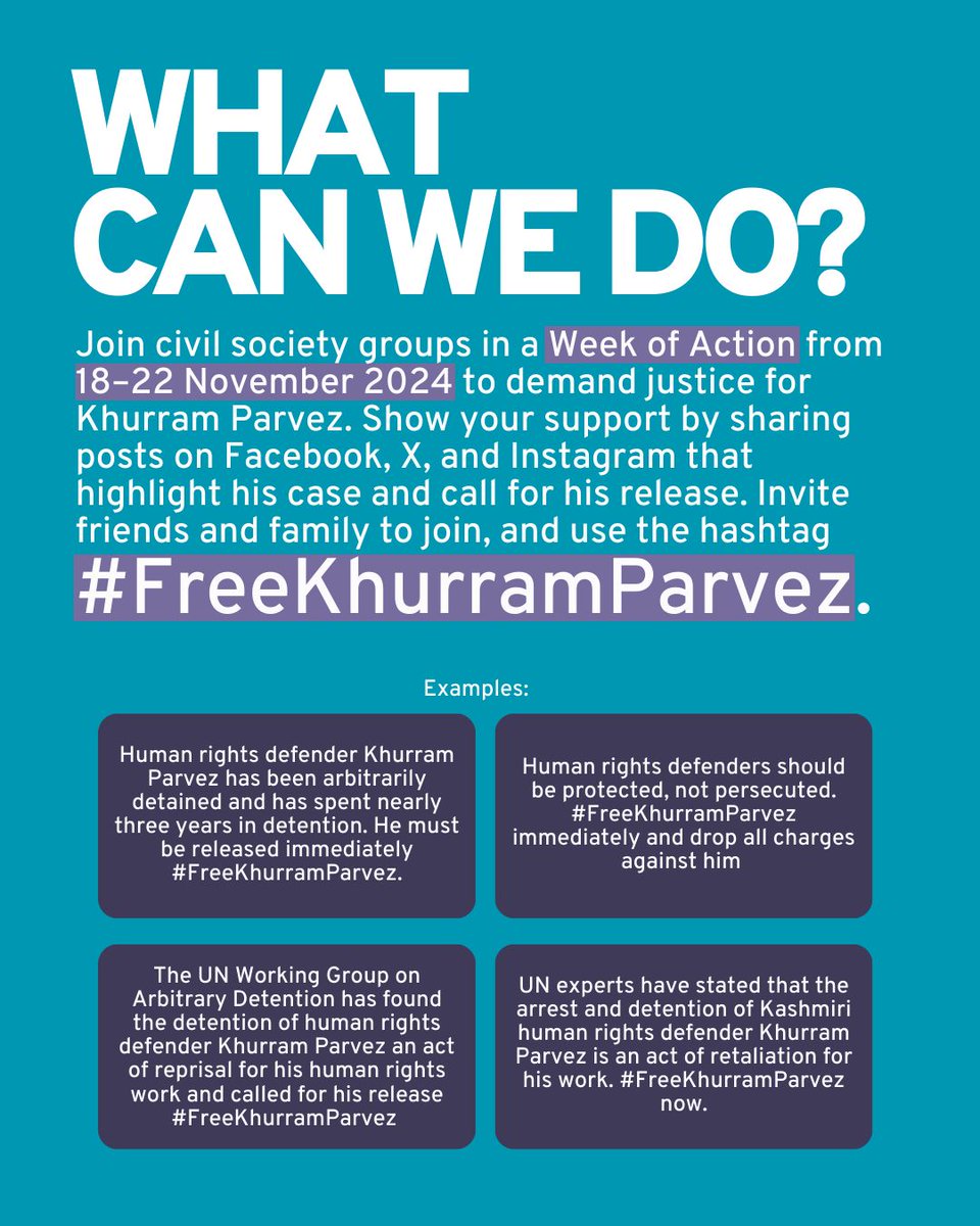 Tomorrow, 22 November 2024, marks three years since the wrongful incarceration of Khurram Parvez, a Kashmiri human rights defender imprisoned on baseless charges under India’s anti-terror laws. His imprisonment reflects the shrinking space for dissent in Kashmir. We call for his