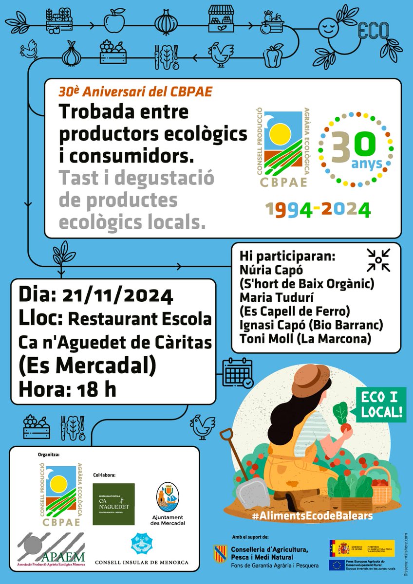 Aquest dijous as Mercadal, 18 h: "Trobada entre productors ecològics i consumidors. Tast i degustació de productes ecològics locals", gratuït i obert a tothom!

#rECOnnecta
#EcològicLocalÉsIdeal
#30èAniversariCBPAE
#AlimentsEcoBalears
#RacesAutòctones
#VarietatsLocals