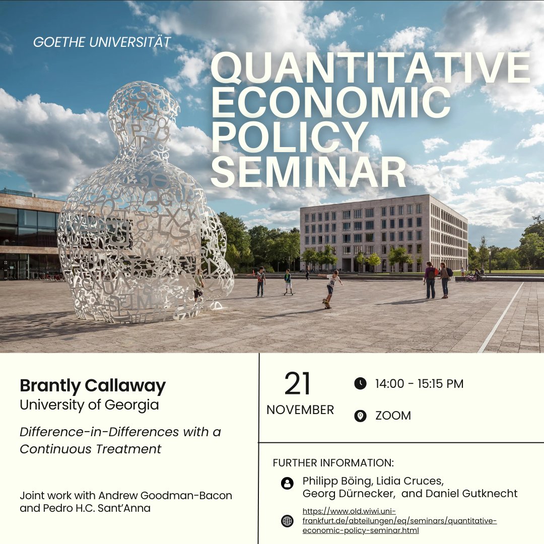 Lidia Cruces (@lidia_cruces_) on Twitter photo 📅Today, we are virtually hosting Brantly Callaway from the University of Georgia, who will present: "Difference-in-Differences with a Continuous Treatment."
We are excited to hear more at 14 PM.
Organized with <a href="/Philipp_Boeing/">Philipp Boeing</a> , <a href="/GeorgDuernecker/">Georg Duernecker</a> & <a href="/GutknechtEcon/">Daniel Gutknecht</a> . 📅Today, we are virtually hosting Brantly Callaway from the University of Georgia, who will present: "Difference-in-Differences with a Continuous Treatment."
We are excited to hear more at 14 PM.
Organized with <a href="/Philipp_Boeing/">Philipp Boeing</a> , <a href="/GeorgDuernecker/">Georg Duernecker</a> & <a href="/GutknechtEcon/">Daniel Gutknecht</a> .