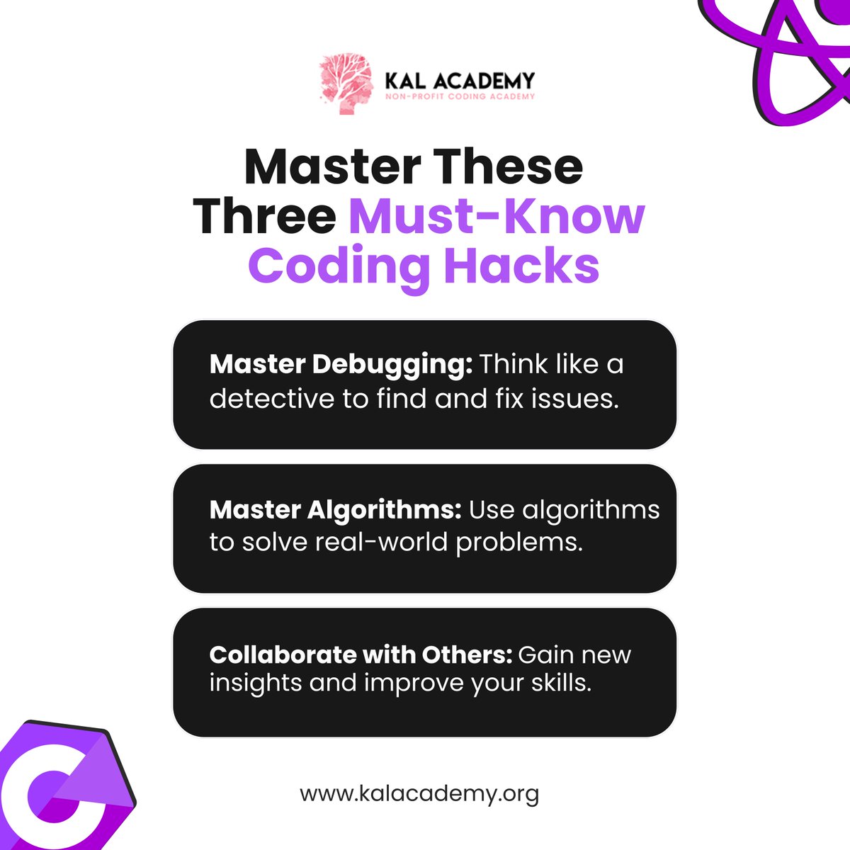 KalAcademy's tweet image. Master debugging by adopting a detective's mindset, uncovering even the trickiest bugs with precision. 🧠
➡:kalacademy.org
#codingtips #programminglife #debugginghacks #codingcommunity #codebetter #kalacademy #learnprogramming #codingmastery #techskills #developers
