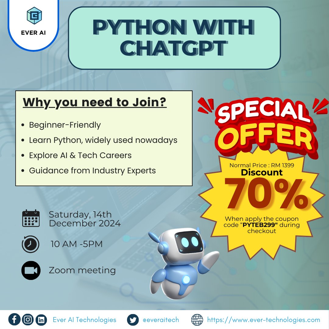everaitech's tweet photo. 🚀 Python Bootcamp - Limited Time Offer! 🚀

Join our Chatbot Development Program! Learn to build Python apps using Flask and ChatGPT. Enroll now and start creating!
Save your spot now : https://t.co/yEMQxXIJX6
For more info : https://t.co/2JQzdPlMj2 https://t.co/XWvEd6tpJU