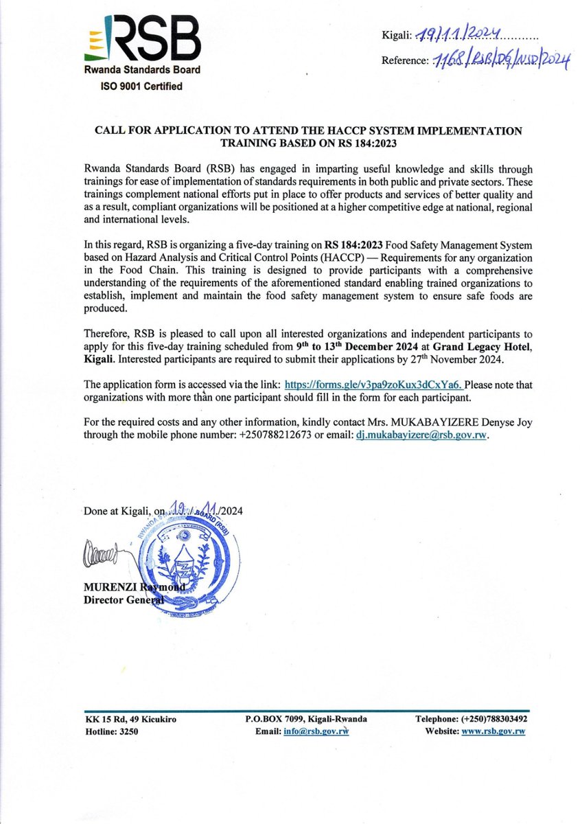Rwanda Standards Board (@rwandastandards) on Twitter photo CALL FOR APPLICATION TO ATTEND HACCP IMPLEMENTATION TRAINING-NTIMUCIKWE!
#RwOX <a href="/PSF_Rwanda/">PSF Rwanda</a> <a href="/ryaf_agribiz/">Rwanda Youth In Agribusiness Forum</a> <a href="/RwandaAgri/">Ministry of Agriculture & Animal Resources |Rwanda</a> <a href="/RwandaFDA/">Rwanda Food and Drugs Authority</a> <a href="/RAMrwanda/">Rwanda Association of Manufacturers</a> <a href="/RwandaAgriBoard/">Rwanda Agriculture & Animal Resources Devpt Board</a> <a href="/RwandAgriExport/">NAEB</a> <a href="/RwHospitality1/">Rwanda Hospitality Association</a> <a href="/RCARwanda/">Rwanda Cooperative Agency</a> <a href="/RwandaIndustry/">NIRDA | Rwanda</a> CALL FOR APPLICATION TO ATTEND HACCP IMPLEMENTATION TRAINING-NTIMUCIKWE!
#RwOX <a href="/PSF_Rwanda/">PSF Rwanda</a> <a href="/ryaf_agribiz/">Rwanda Youth In Agribusiness Forum</a> <a href="/RwandaAgri/">Ministry of Agriculture & Animal Resources |Rwanda</a> <a href="/RwandaFDA/">Rwanda Food and Drugs Authority</a> <a href="/RAMrwanda/">Rwanda Association of Manufacturers</a> <a href="/RwandaAgriBoard/">Rwanda Agriculture & Animal Resources Devpt Board</a> <a href="/RwandAgriExport/">NAEB</a> <a href="/RwHospitality1/">Rwanda Hospitality Association</a> <a href="/RCARwanda/">Rwanda Cooperative Agency</a> <a href="/RwandaIndustry/">NIRDA | Rwanda</a>